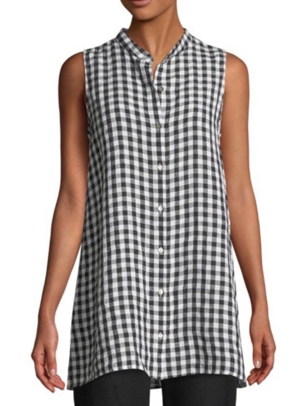 Eileen Fisher Organic Linen Black & White Plaid Sleeveless Tunic Cottagecore S